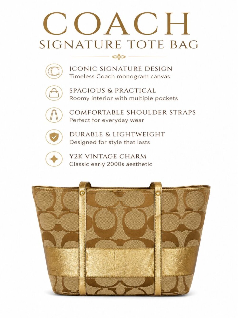 Coach Signature Jacquard Tote Bag Gold Metallic Trim Shoulder Purse Y2K